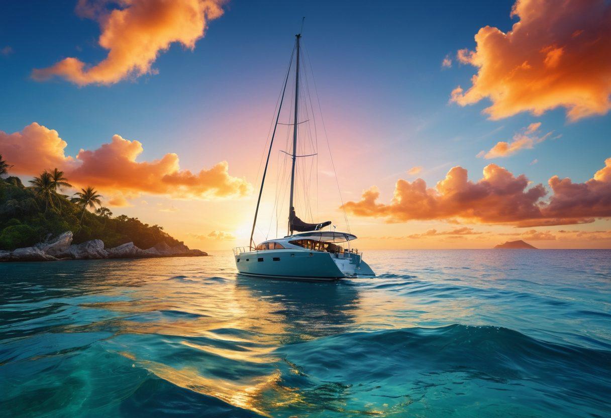 An elegant yacht cruising through crystal-clear blue waters, surrounded by lush green coastlines and a vibrant sunset sky. The scene features diverse elements symbolizing insurance, such as a shield and a checklist, subtly integrated into the waves. Include an inviting text bubble with the words 'Choose Wisely!' in stylish font. The atmosphere should evoke a sense of adventure and security. super-realistic. vibrant colors. sunset background.