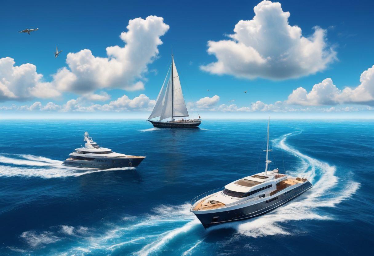 A sleek yacht gliding smoothly across deep blue ocean waters, surrounded by soft waves and a clear sky with fluffy clouds. In the foreground, an open insurance policy with nautical illustrations, like anchors and compasses, blends seamlessly with the marine landscape. Distant islands and seabirds complete the serene scene, symbolizing adventure and security. super-realistic. vibrant colors. 3D.