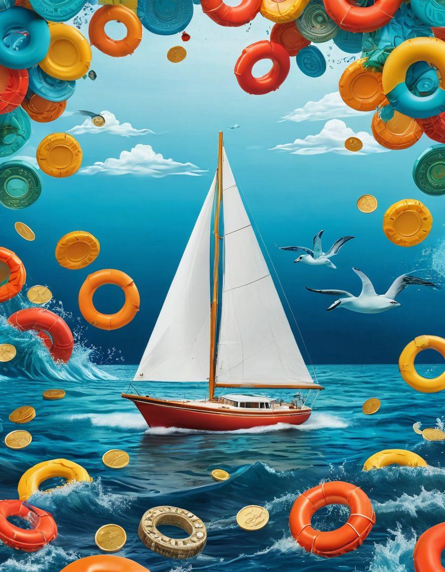 An artistic representation of a sailboat navigating through calm waters, surrounded by floating life preservers symbolizing different alternative insurance options. In the background, an abstract depiction of financial growth, with graphs and coins merging with waves. The scene conveys safety and security in investments, with a vibrant color palette highlighting tranquility. super-realistic. vibrant colors. 3D effect.